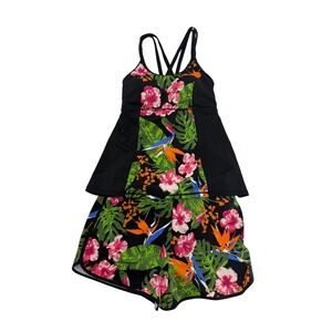 d&co. BEACH Tankini Swimsuit Set Womens 10 Black Floral Tropical Two Piece NWOT